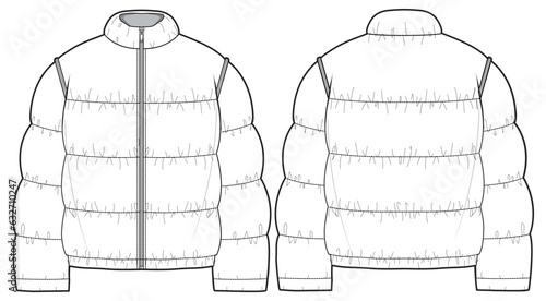 Puffer jacket design flat sketch Illustration front and back view vector template, Quilted  Puffa winter Jacket for men and women