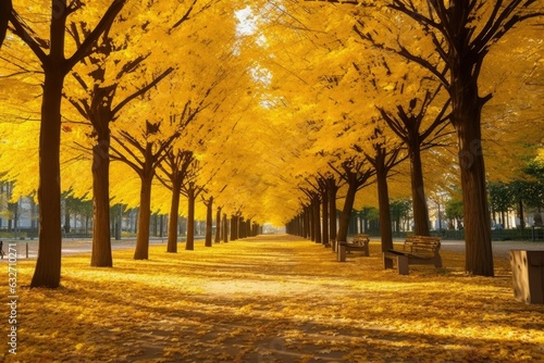 Urban Oasis City Park Transformed by Yellow Fall Leaves Generative AI