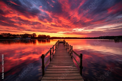 Tranquil Lake Scene: Sunset Pier with Boats Generative AI © lee