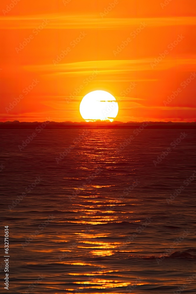 Fiery Sunset Reflection: Sun Kisses the Water  Generative AI