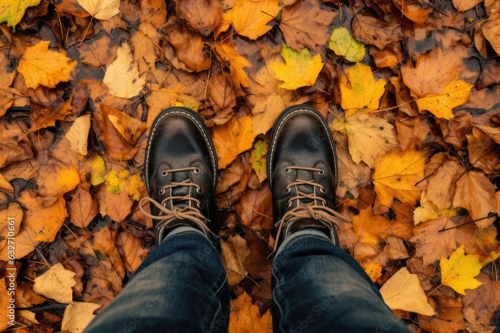 Walking Among Autumn Leaves: Boots Close-up Generative AI Walking Among Autumn Leaves: Boots Close-up Generative AI