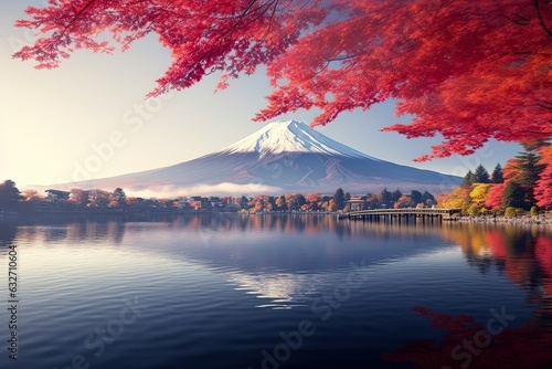 Captivating Autumn Beauty  Mount Fuji  Morning Fog  and Vibrant Leaves at Lake Kawaguchiko Generative AI