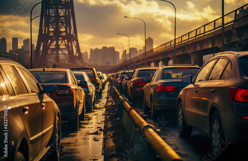 many cars stuck in a mile-long traffic jam on the roads of the big city, traffic jam, commute to work © VicenSanh