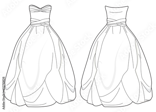 Sweetheart neck strapless ball gown wedding dress design flat sketch fashion illustration with front and back view, off shoulder wrapped bridal dress flat sketch cad drawing template