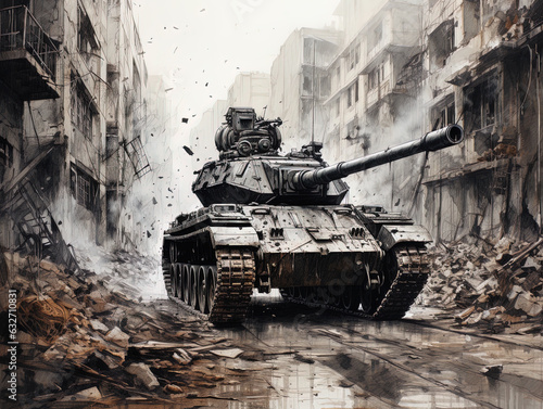 Modern war tank advancing through a street littered with rubble  debris and destruction. generative AI