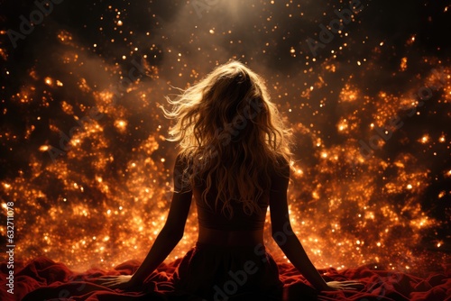 A Girl With Dazzling Fireworks In The Shape Of Flowing Locks Instead Of Hair. Fireworks, Fire Hair, Girl, Creative Hairdos, Flowing Locks, Celebrations, Artistic Styling, Colorful Hair photo