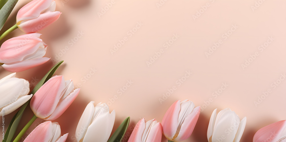 Tulips on pink surface greeting card. Woman's day, 8 march, Easter, Mother's day, anniversary, wedding