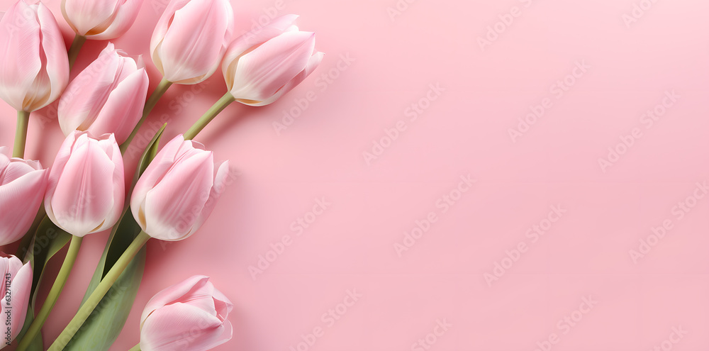Tulips on pink surface greeting card. Woman's day, 8 march, Easter, Mother's day, anniversary, wedding Tulips on pink surface greeting card. Woman's day, 8 march, Easter, Mother's day, anniversary, wedding