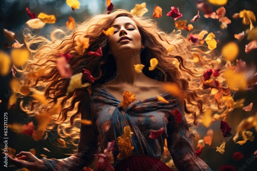 A Girl With Vibrant Flower Petals Flowing Like Hair In The Wind Instead Of Hair . , Flower Petal Hair, Windy Beauty, Natures Creations, Hair Styles With Nature, Balancing Wind And Delicacy,