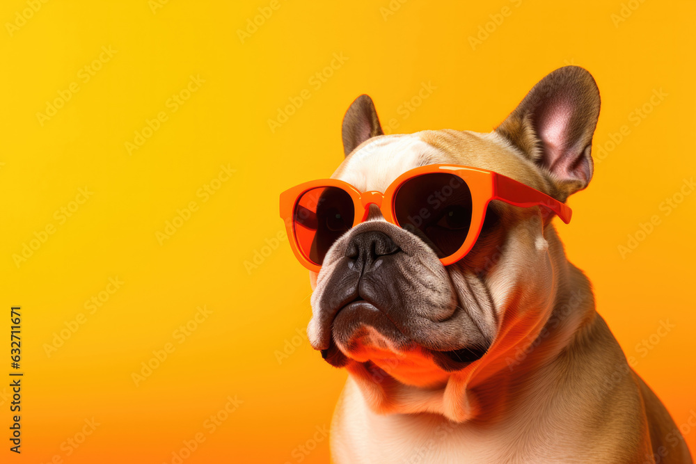 Portrait Bulldog Dog With Sunglasses Orange Background . Portrait Bulldog, Sunglasses, Orange Background, Bulldog Breeds, Dog Grooming, Dog Accessories, Height Weight Standards, Bulldog Health