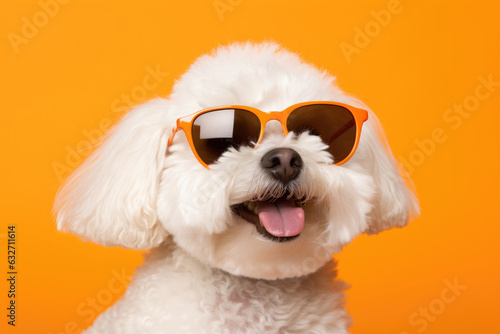 Portrait Bichon Frise Dog With Sunglasses Orange Background . Choosing A Bichon Frise, Dog Care Basics, Stylish Puppy Accessories, Portraiture Of A Bichon, Dressing Up A Pet photo