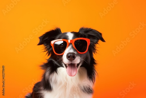Portrait Border Collie Dog With Sunglasses Orange Background . Photographing Dogs With Glasses, Portrait Border Collies, Orange Backgrounds In Photography, The Collie Breed, Animal Photography © Ян Заболотний