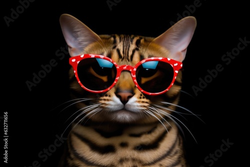 Portrait Bengal Cat With Sunglasses Black Background . Sunglasses, Bengal Cats, Portrait Photography, Black Backgrounds, Cat Breeds, Cat Accessories, Pet Photography, Camera Settings