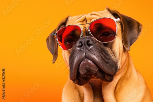Portrait Bullmastiff Dog With Sunglasses Orange Background . Bullmastiff Breed Overview, Portrait Photography Tips, Styling Your Pet For Photos, Color Theory In Photography