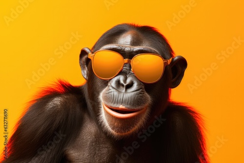 Portrait Chimpanzee With Sunglasses Orange Background . Working With Animals, Unique Animal Photography, Using Sunglasses Creatively, Key Photographic Settings, Capturing Natural Expressions