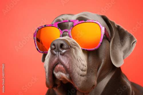 Portrait Neapolitan Mastiff Dog With Sunglasses Orange Background . Sunglasses On Dogs, Portrait Photography Tips, Neapolitan Mastiffs, Orange Backgrounds, Photographing Dogs © Ян Заболотний