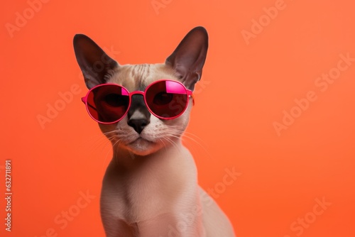 Portrait Oriental Cat With Sunglasses Orange Background . Oriental Cat Breeds, Portrait Photography Tips, Orange Color In Design, Wearing Sunglasses Fashion, Cat Eye Health Care