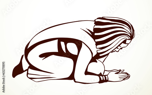 Vector drawing. Egyptian girl bow in praying
