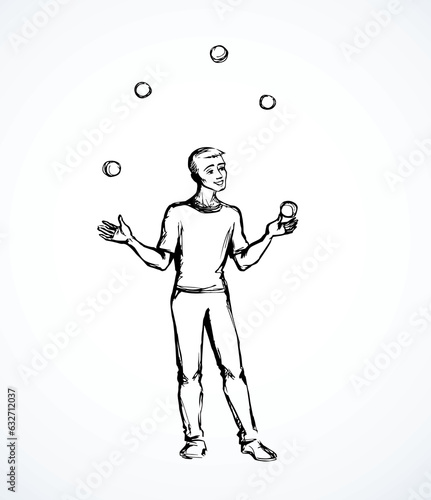 Vector drawing. Guy juggling balls