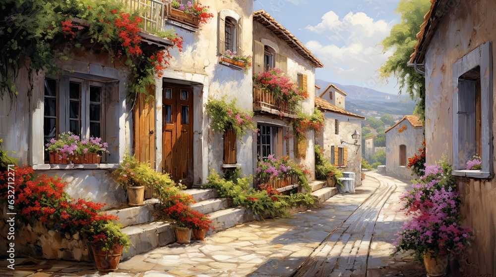 An oil painting of a quaint European village, with cobblestone streets, charming buildings, and colorful flowers in window boxes, exuding a sense of old-world charm. Wallpaper texture. Generative AI. 