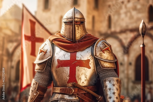 Imposing Templar knight on horseback in the Holy Land. Generative AI. photo