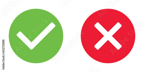 green tick and red x in circle, OK check mark and X cross icon symbol, vector illustration