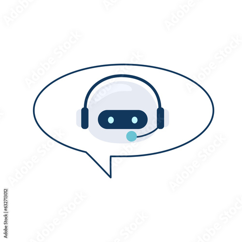 Digital chat bot, robot assistant for customer support. Concept of virtual conversation assistant for getting help. Robot head in a speech bubble. Vector illustration isolated on white background.