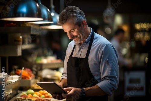 A chef at the restaurant utilizes a tablet to request kitchen groceries.