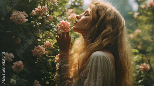 Girl smelling tropical pink flowers
