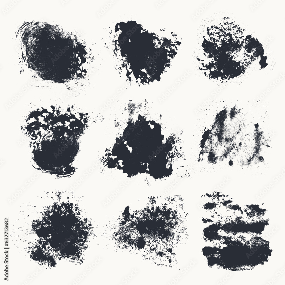 Black realistic large different grunge brush strokes. Dirty artistic design elements. High quality textured, ink vector brush strokes splatter sprinkles, textures. Grunge artistic brushstroke design.