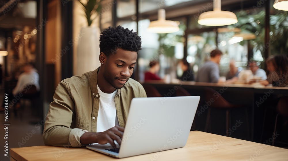 Black man smiling, fashionably dressed, typing on laptop in cafe; ideal for online banking, marketing, sales, retail ads. Corporate design. Black man smiling, fashionably dressed, typing on laptop in cafe; ideal for online banking, marketing, sales, retail ads. Corporate design.