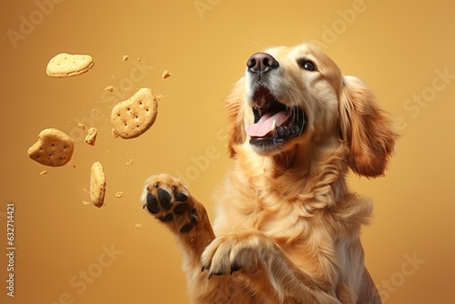 Dog catching a biscuit. AI generated
