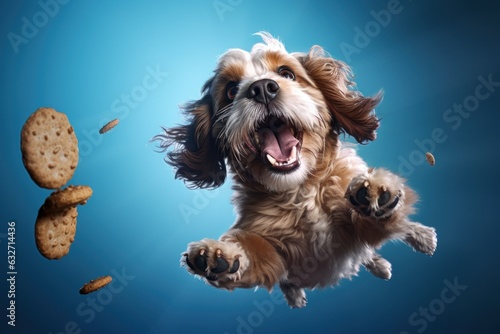 Dog catching a biscuit. AI generated