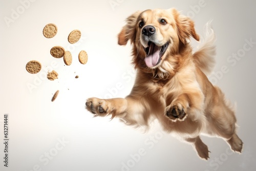 Dog catching a biscuit. AI generated