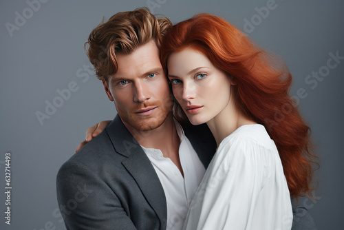 Portrait of beautiful redhead couple isolated on grey studio background. AI generated
