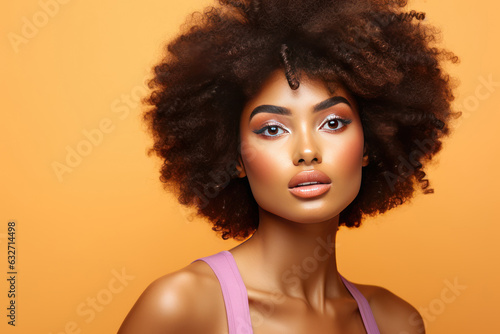 Portrait of young afro woman with bright make-up. AI generated