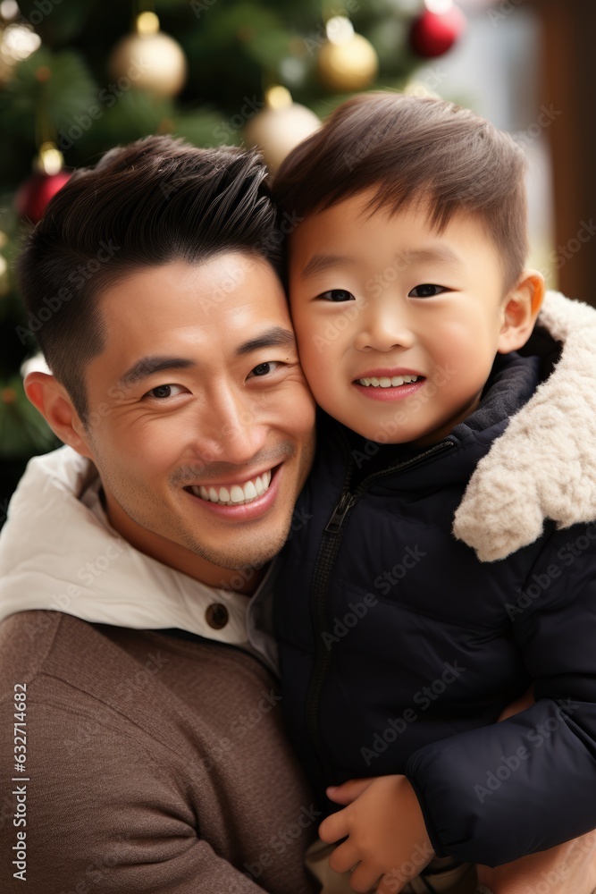 Smiling asian man posing holding his son with a christmas tree in the background Smiling asian man posing holding his son with a christmas tree in the background