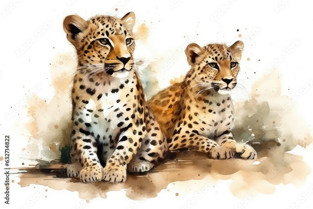 Obraz premium adorable leopards in watercolor. exotic wild cat, lifelike creatures, and a jaguar. Generative AI