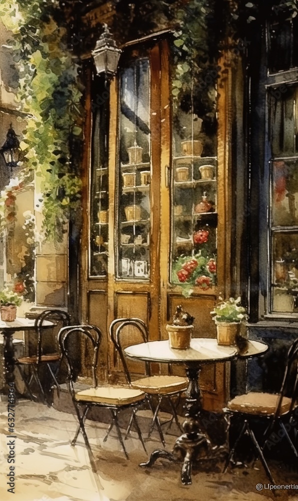 Watercolor of a typical French cafe in Paris from the early 19th century. Generative AI.
