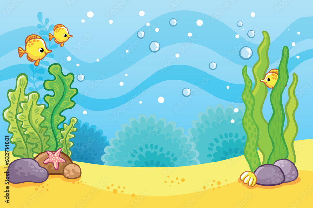 Vector illustration with marine fish and algae on a marine theme. Underwater world. Vector illustration with marine fish and algae on a marine theme. Underwater world.