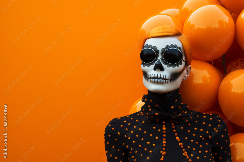 Woman with voodoo makeup and orange hair, orange balloons in the background. Happy Halloween and fashion concept. Generative AI. - obrazy, fototapety, plakaty 