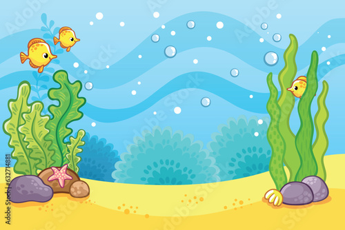 Vector illustration with marine fish and algae on a marine theme. Underwater world. © svaga