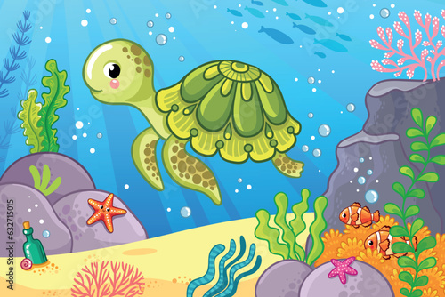 Cute sea turtle in the sea among fish and algae. Vector illustration with dangerous fish. © svaga