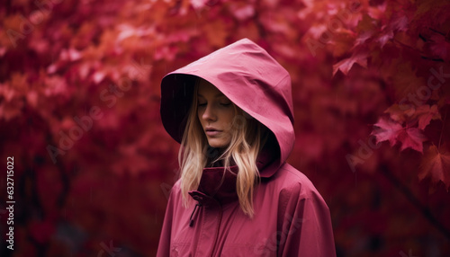 A beautiful young woman with a pink raincoat. The concept of a beautiful and warm autumn. Generative AI.