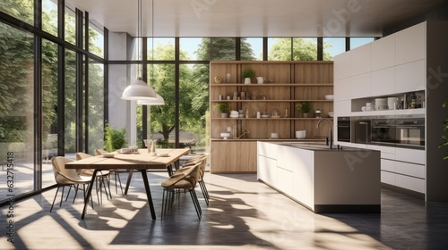 Interior architecture, modern kitchen with wooden furniture. © MiguelAngel