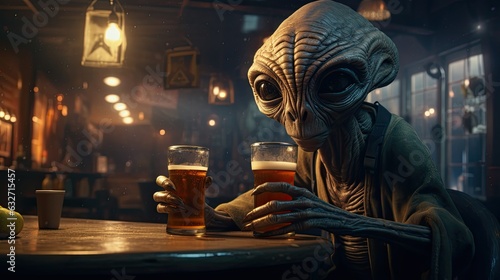 An Alien on a pub drinking beer.
