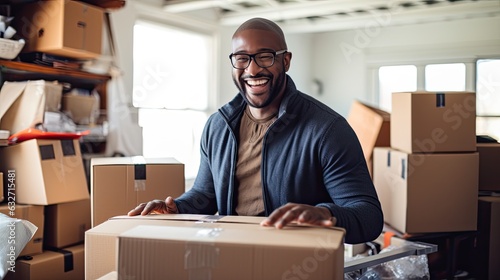 Smiling black man working with boxes in a package delivery warehouse.