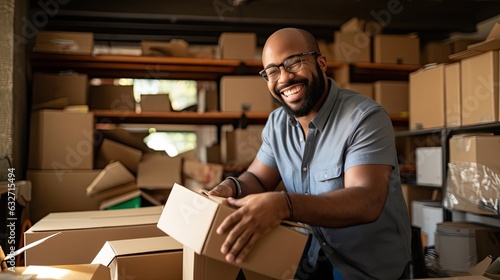 Smiling black man working with boxes in a package delivery warehouse.