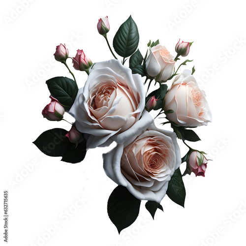 hermoso ramo de flores, rosas,flores blancas, con tallo y planta verde debajo, IA generativa photo