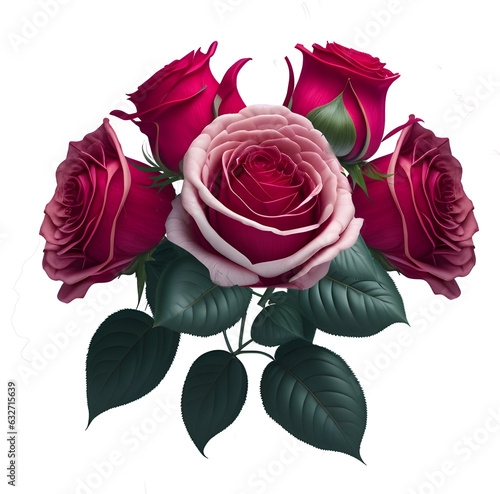 hermoso ramo de flores, pink rosas, realista, con tallo y planta verde debajo, IA generativa